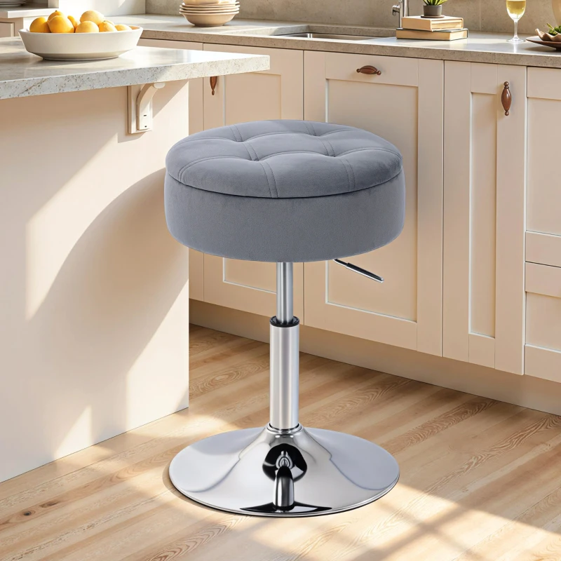 HOMCOM Barhocker, Bistrohocker mit Stauraum, Drehbar Barstuhl, Höhenverstellbar Küchenhocker mit Samtbezug, 39x39x65 cm, Grau