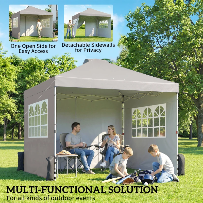 Outsunny Pop Up Gazebo Waterproof Height Adjustable Canopy with 3 Sidewalls Wheeled Bag for Parties 3 x 3 m Grey