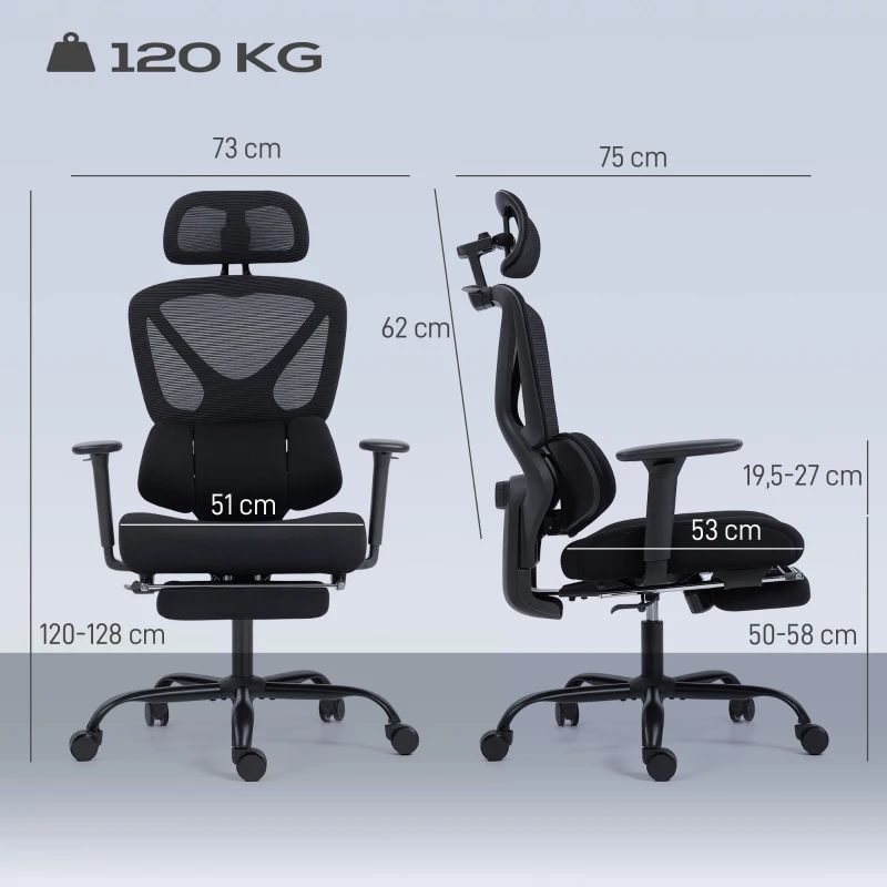 HOMCOM Ergonomischer Bürostuhl mit Rollen, Netzstoff, Lendenstütze, Computerstuhl mit Armlehnen, verstellbare Kopfstütze