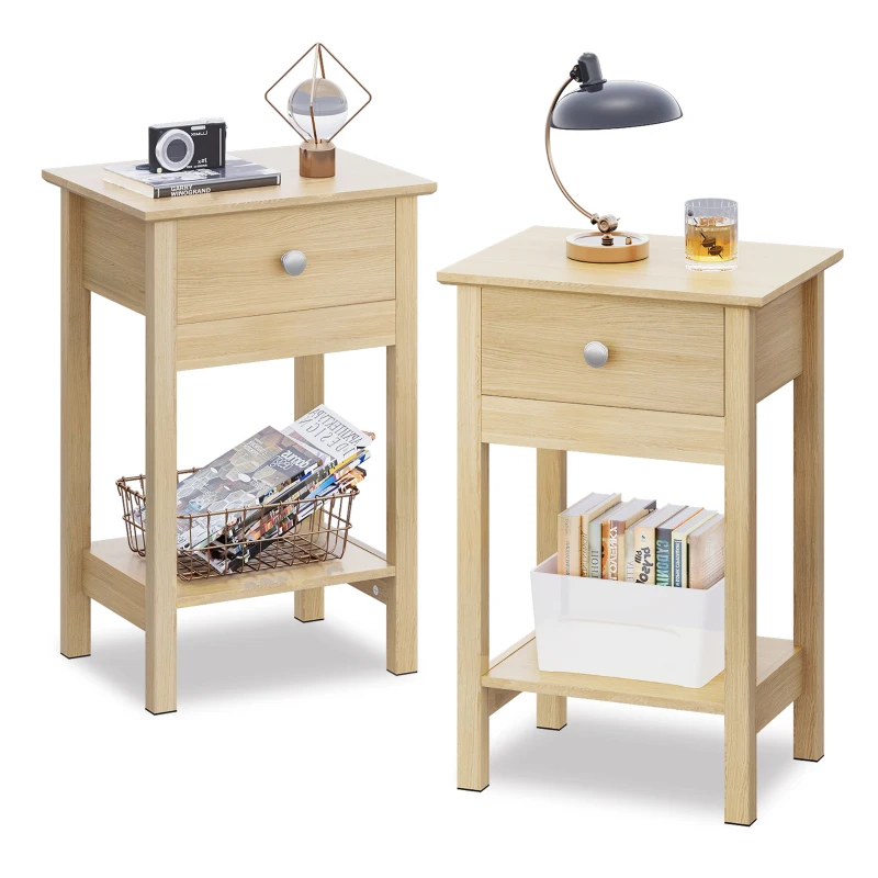 WLIVE Wooden Bedside Table, Nightstand with Shelf Drawer, Wooden Side Sofa Tables, for Small Spaces, End Tables for Living Room, Bedroom (2, Oak)