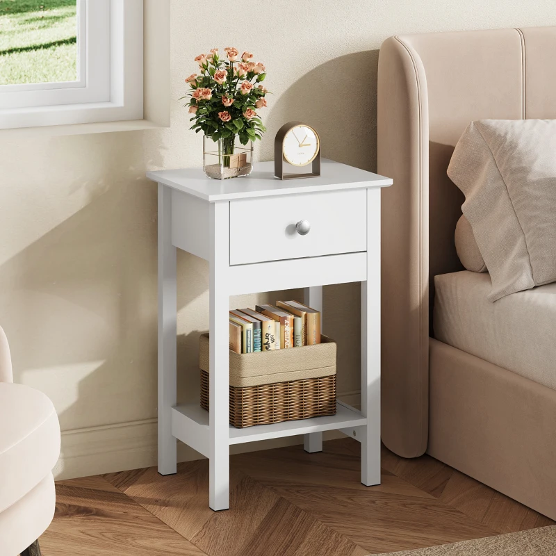 WLIVE Wooden Bedside Table, Nightstand with Shelf Drawer, Wooden Side Sofa Tables, for Small Spaces, End Tables for Living Room, Bedroom (1, White)