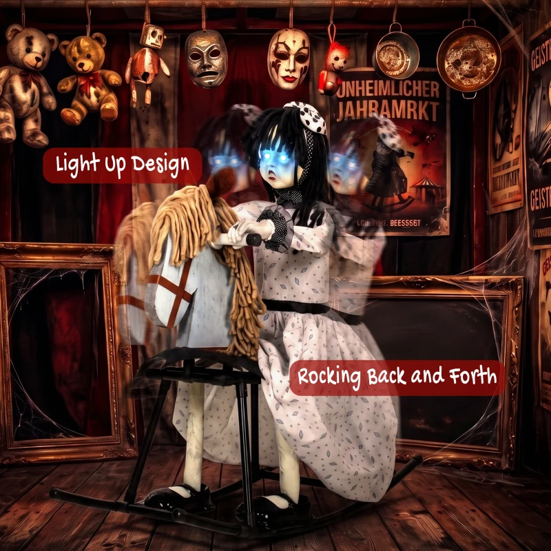HOMCOM Animated Halloween Girl Riding Horse, Halloween Animatronics with Creepy Rhymes, Glowing Eyes, Sound/Touch Activated