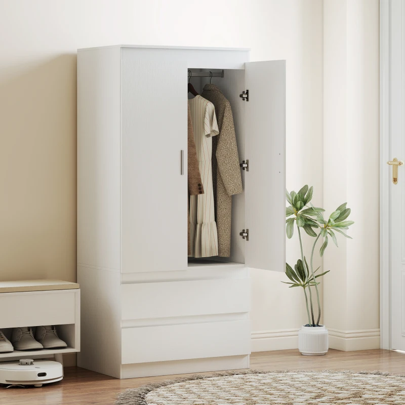 HOMCOM Schlafzimmer-Garderobe mit 2 Türen, 2 Schubladen, 3 Fächer, Holz, Weiß