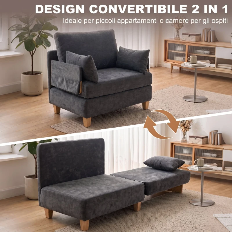 HOMCOM Poltrona letto singolo 2 in 1 pieghevole con cuscini, grigio scuro