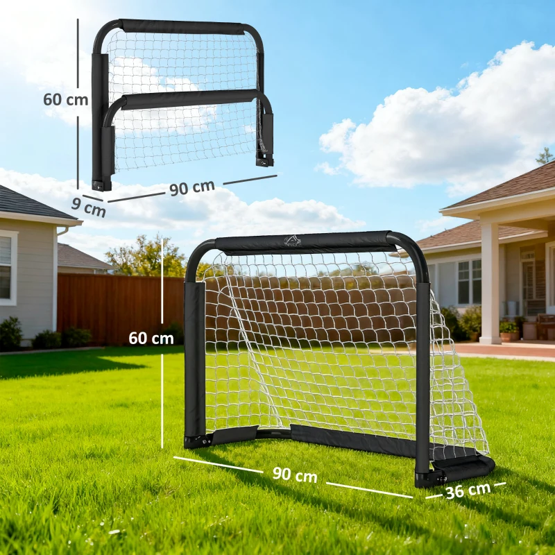 HOMCOM Lot de 2 Mini Cages de Football Pliables avec Filet et Piquets d'Ancrage au Sol, Métal Époxy et Oxford, 90x36x60cm, Noir