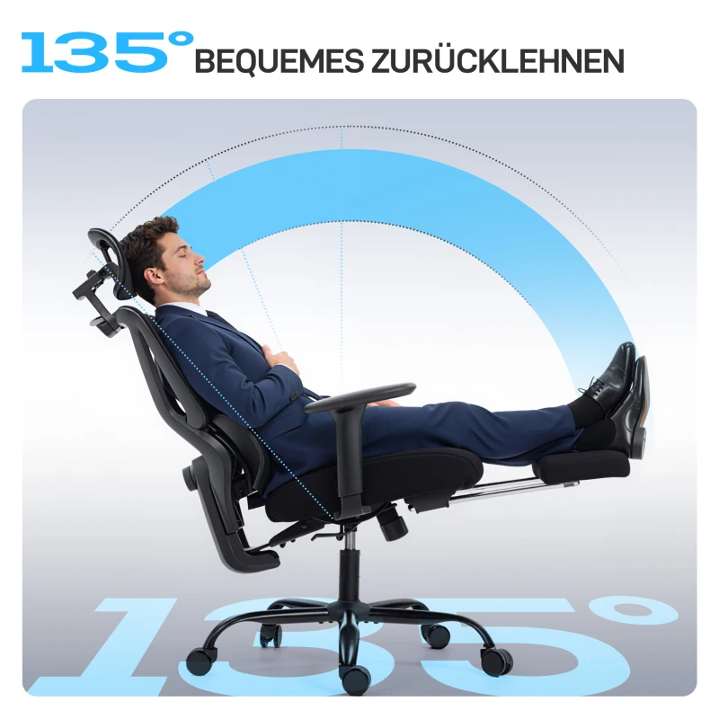 HOMCOM Ergonomischer Bürostuhl mit Rollen, Netzstoff, Lendenstütze, Computerstuhl mit Armlehnen, verstellbare Kopfstütze