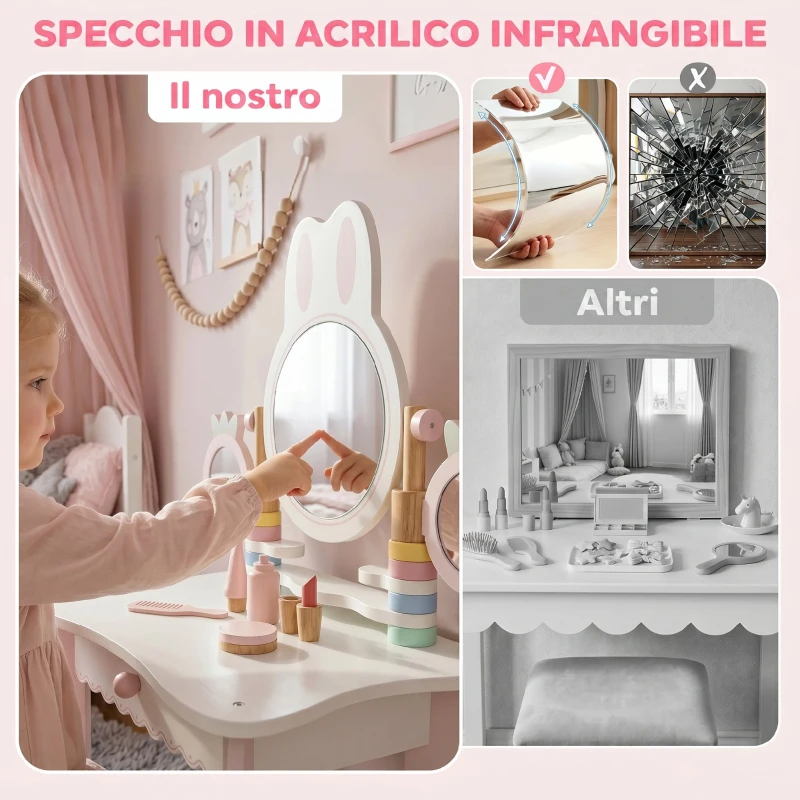 AIYAPLAY Toeletta per Bambini con Sgabello, Cassetto, 3 Specchi e 5 Accessori, Età 3+ Anni, Rosa