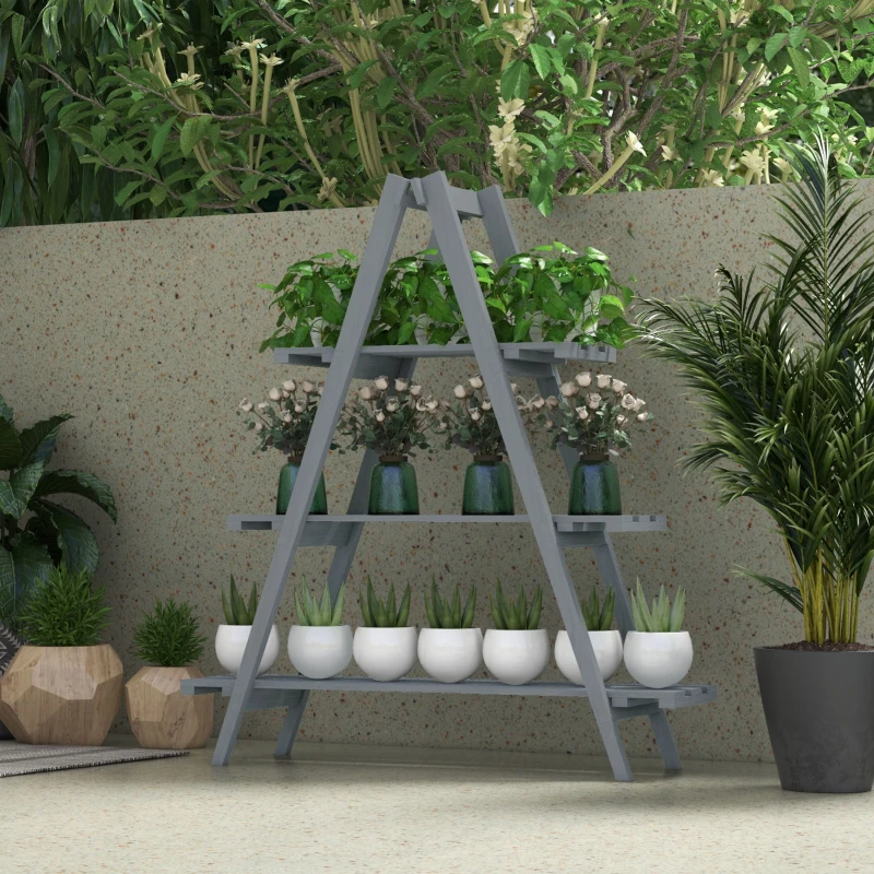 Outsunny Soporte para Plantas Plegable de Madera Estantería para Macetas de 3 Niveles con Marco en A 100x36x112 cm Gris