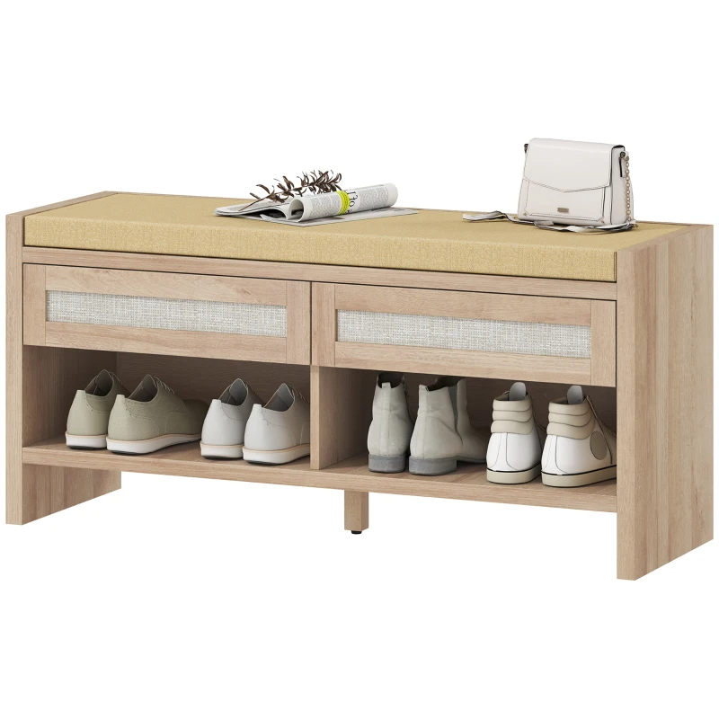 HOMCOM Boho Shoe Bench with 2 Rattan Drawers, Shoe Storage Bench with Cushioned Seat and Open Shelf Oak Wood Effect