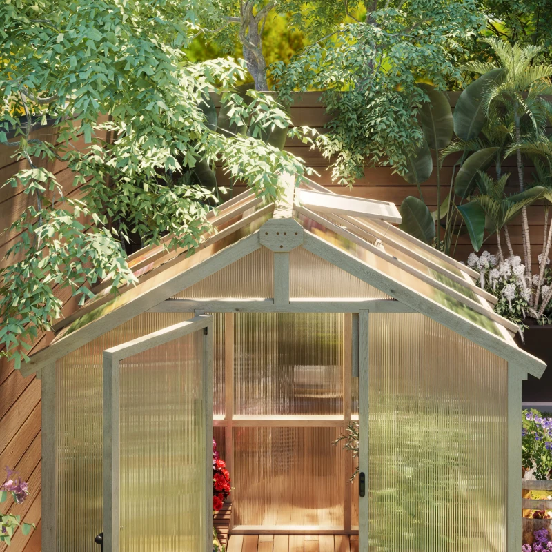 Outsunny 6.6 x 6ft Polycarbonate Greenhouse, Walk-in Wooden Greenhouse with Lockable Door and Window, Garden Plants Grow House, Brown