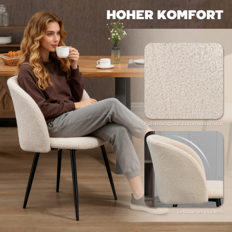 HOMCOM 2er-Set Esszimmerstühle, Polsterstühle mit Stoffbezug, Küchenstühle mit Stahlbeinen, gewölbte Rückenlehne, Cremeweiß