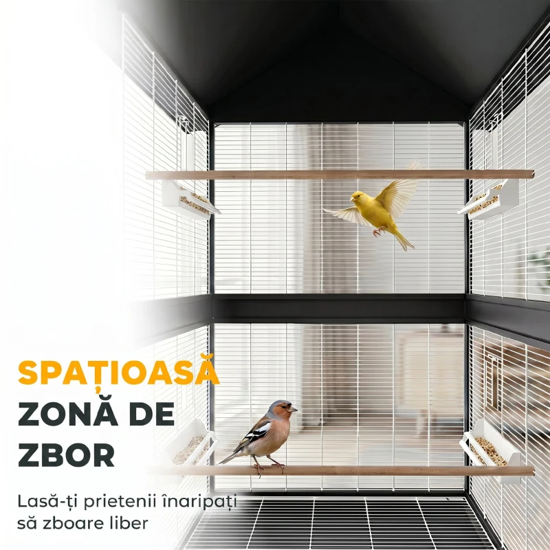 PawHut Colivie Mare pentru Păsări cu Roți, Stinghii, Acoperiș și Hrănitori, pentru Papagali și Canari, Negru