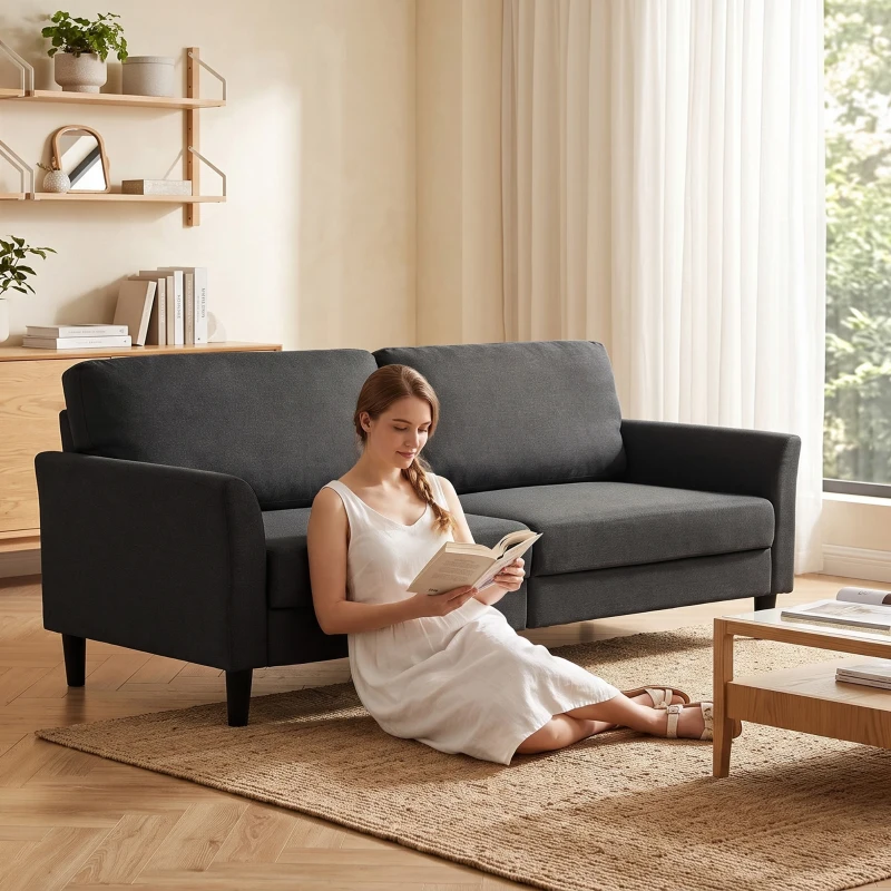 HOMCOM 3-Sitzer-Sofa aus Stoff in Leinenoptik mit geschwungenen Armlehnen und dicker Polsterung, Dunkelgrau