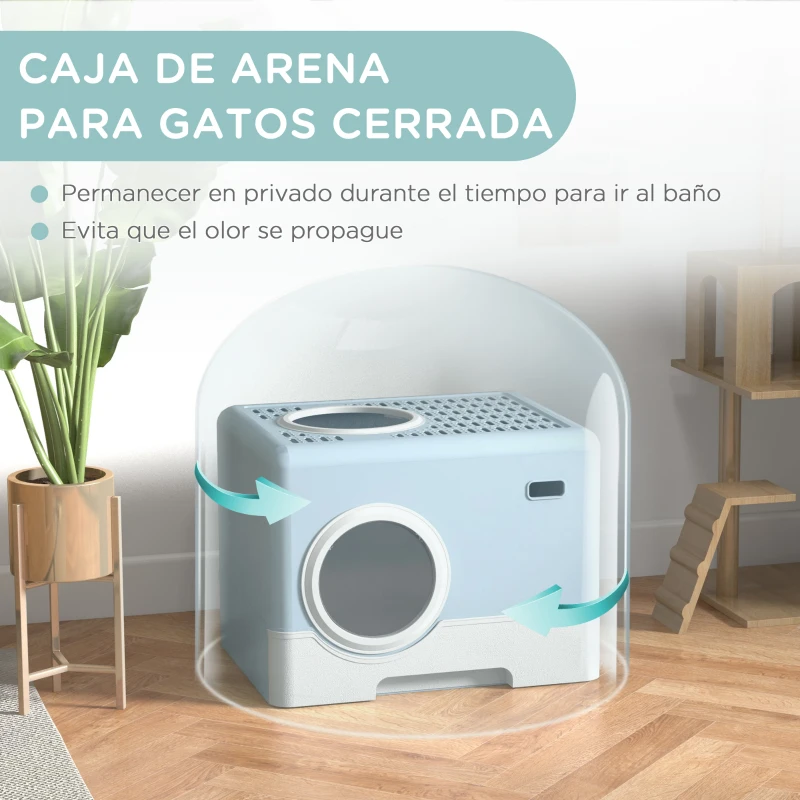 PawHut Arenero para Gatos Cubierto con Pala Bandeja Extraíble Entrada Frontal y Salida Superior 52x41x38,5 cm Azul