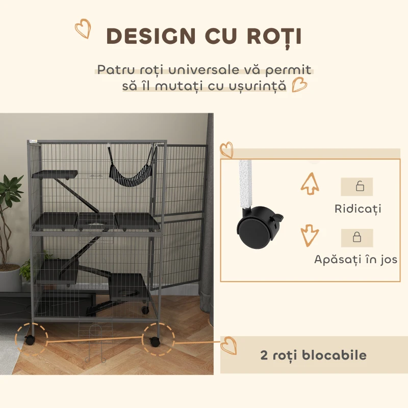PawHut Cușcă pentru Rozătoare cu 4 Intrări și Niveluri Multiple, cu Hamac, din Metal și PP, 80x52x128 cm, Argintiu și Gri