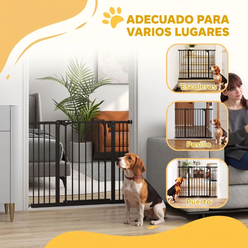 PawHut Barrera de Seguridad para Perros 74-100 cm con Extensiones Montaje a Presión y Doble Bloqueo Negro