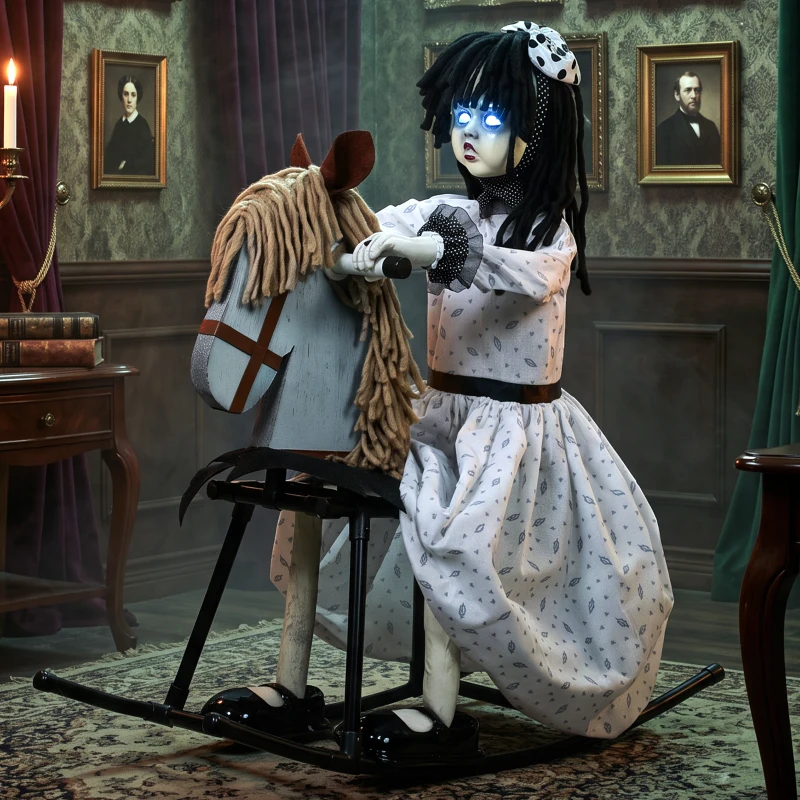HOMCOM Animated Halloween Girl Riding Horse, Halloween Animatronics with Creepy Rhymes, Glowing Eyes, Sound/Touch Activated