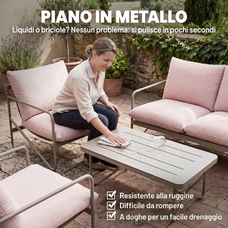 Outsunny Set da Giardino 4pz con Divano 2 Posti, 2 Poltrone e Tavolino, in Metallo Zincato, Rosa