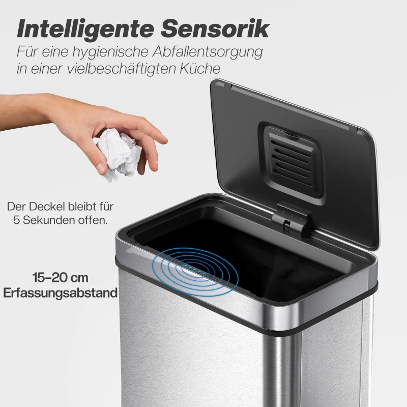 HOMCOM 50 L Sensor-Mülleimer, automatischer Deckel, Edelstahl, vielseitig einsetzbar, Silberfarben