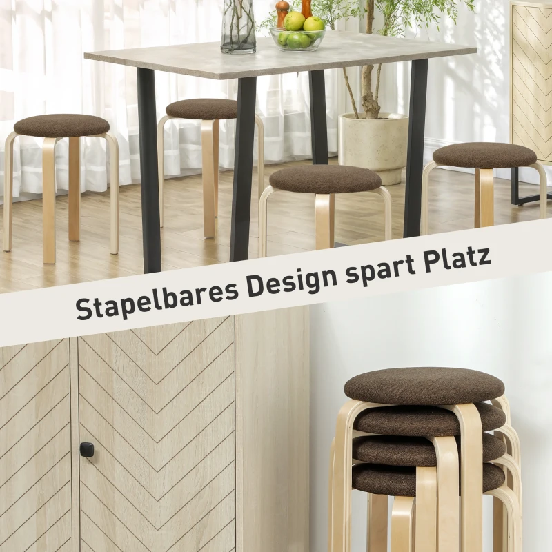 HOMCOM Polsterhocker im 4er-Set, stapelbar, lackierte Oberfläche, Holzbeine, Braun