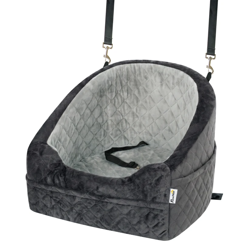 PawHut Dog Car Seat, Detachable Washable Dog Booster Seat with Thick Cushion, Seat Belt, Pockets for Small Under 10kg, Grey