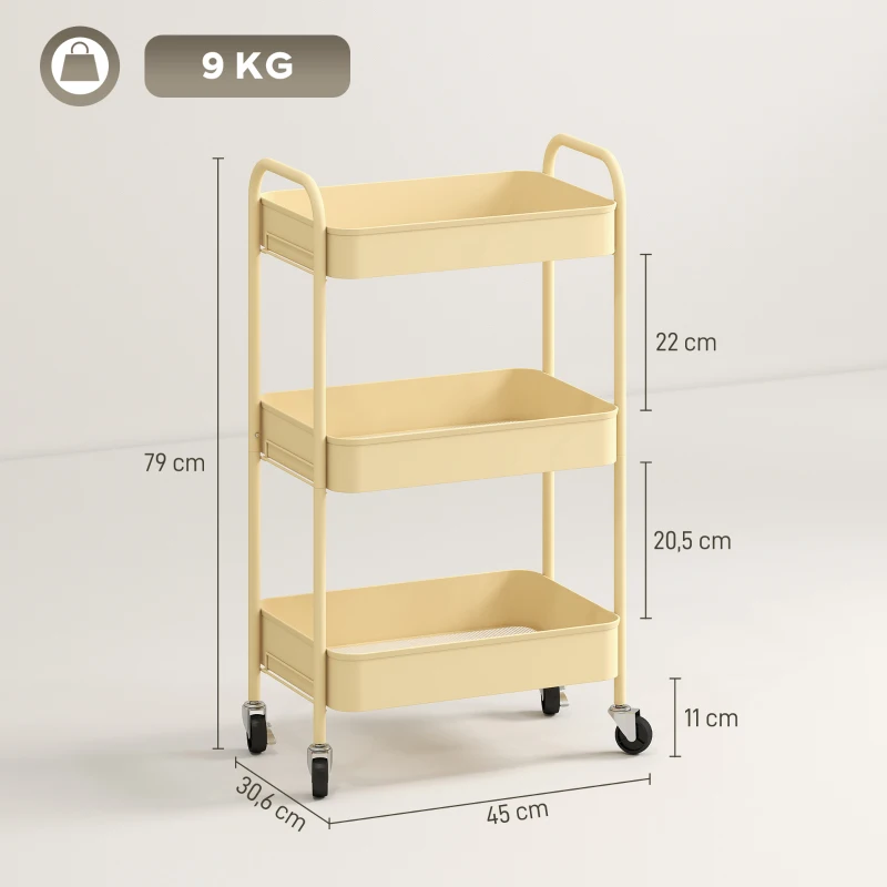 HOMCOM Carrito Auxiliar con Ruedas de 3 Niveles Carrito de Cocina con 3 Cestas y 2 Asas 45x30,6x79 cm Amarillo