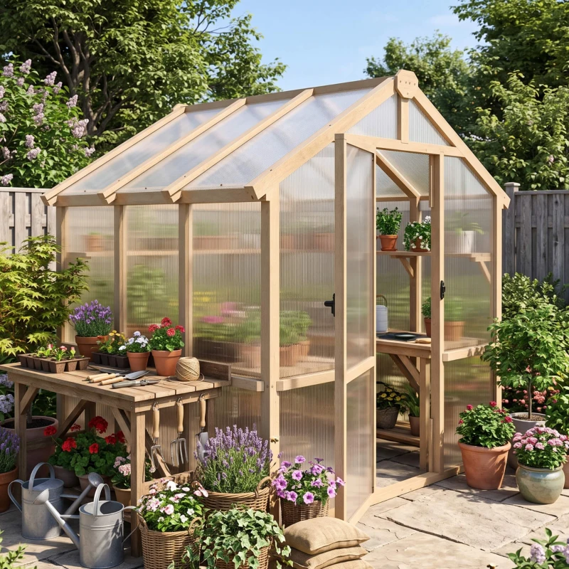 Outsunny 6.6 x 6ft Polycarbonate Greenhouse, Walk-in Wooden Greenhouse with Lockable Door and Window, Garden Plants Grow House, Brown