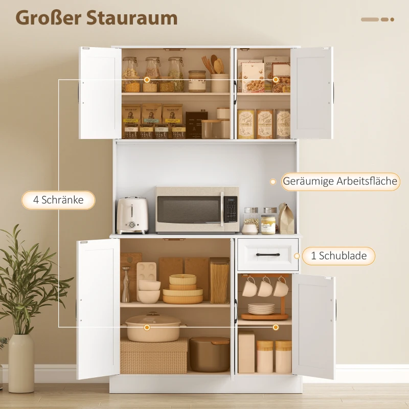 HOMCOM Küchenschrank, 180,5 cm, Vorratsschrank, Arbeitsfläche, Kabelloch, verstellbare Regale, MDF, Weiß