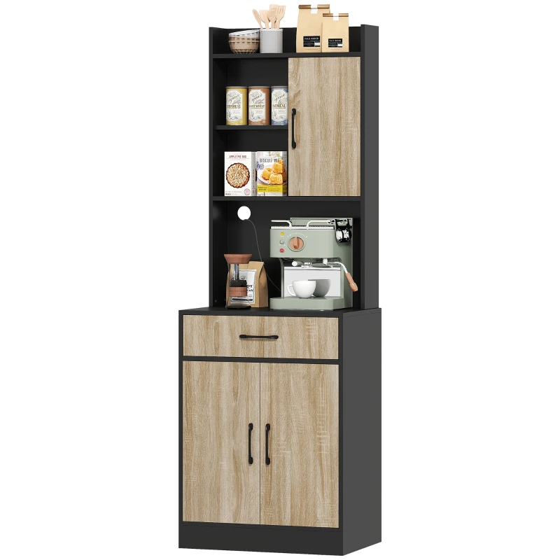 HOMCOM Küchenschrank mit Arbeitsfläche und Kabelloch, moderne Küchenkommode mit Schublade, 3 offene Regale, Naturholz, Schwarz