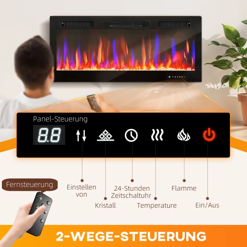HOMCOM Elektrischer Kamin, Wandmontage, verstellbare Flammen, Thermostat, Timer, Stahl, Schwarz