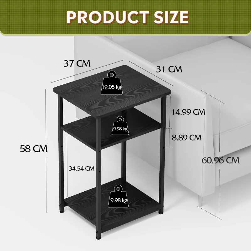 WLIVE 3-Tier Side Table, Built with Robust Steel Frame and Adjustable Feet, Top Shelf Comes with 19kg Load Bearing, 56 x 37 x 31cm Size, Suitable for Living Room, Bedroom and Office, Embossed Black