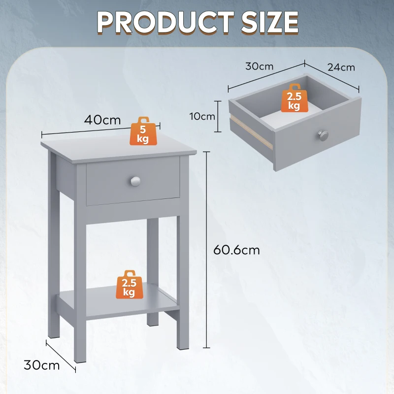 WLIVE Wooden Bedside Table, Nightstand with Shelf Drawer, Wooden Side Sofa Tables, for Small Spaces, End Tables for Living Room, Bedroom (1, Grey)