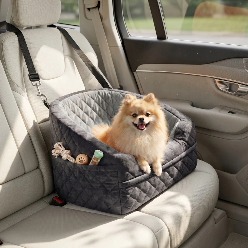 PawHut Dog Car Seat, Detachable Washable Dog Booster Seat with Thick Cushion, Seat Belt, Pockets for Small Under 10kg, Grey