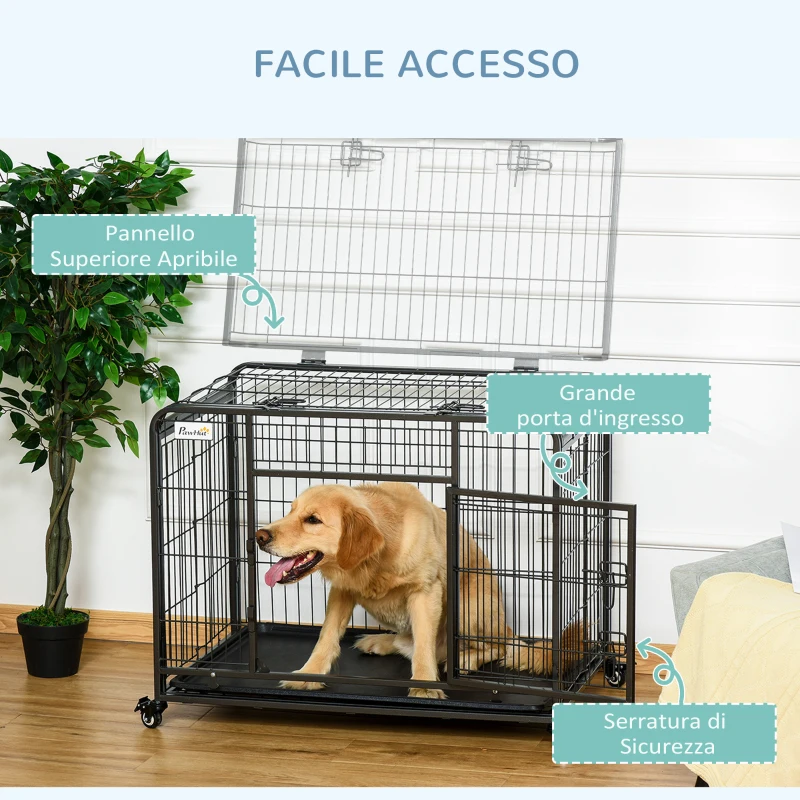 PawHut Kennel per Cani Pieghevole a Doppia Porta con Blocco, 4 Ruote con Freno e Fondo Rimovibile, 94x58x69.5 cm, Grigio