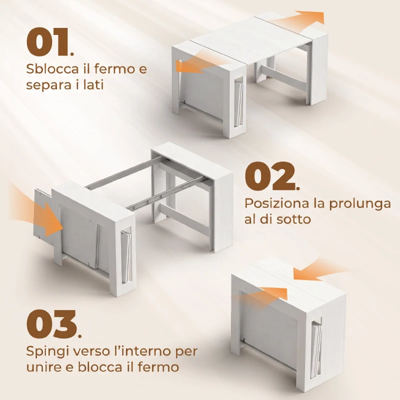 HOMCOM Tavolo Consolle Allungabile e Convertibile per 10 Persone, 96-240x90x78 cm, Bianco
