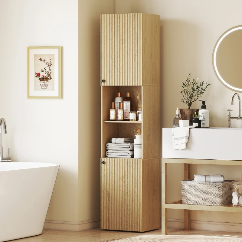 HOMCOM Hoher Badezimmerschrank, 6 Ebenen, 2 Schränke, 2 offene Regale, offene Fächer, Holz, Eichenfarben