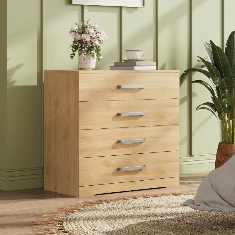 WLIVE Chest of Drawers with 4 Drawers, Metal Handles and Runners, Modern Storage Drawers for Bedroom, Kids Room, Closet, Oak