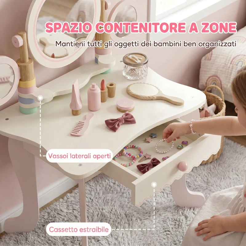 AIYAPLAY Toeletta per Bambini con Sgabello, Cassetto, 3 Specchi e 5 Accessori, Età 3+ Anni, Rosa
