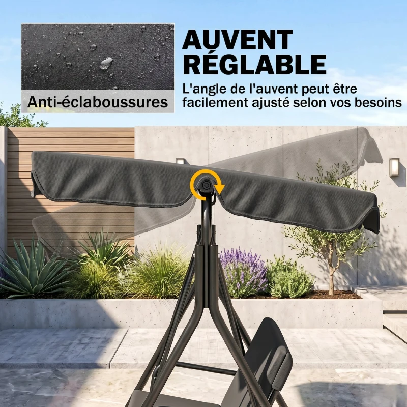 Outsunny Balancelle de Jardin 3 Places Toit Inclinaison réglable Coussins Assise et Dossier Acier Noir Polyester Noire