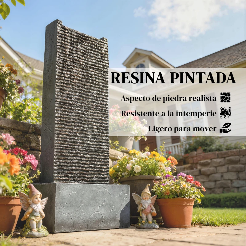 Outsunny Fuente de 2 niveles, fuente de jardín con iluminación LED, bomba, aspecto granito 37,5 x 22 x 80 cm