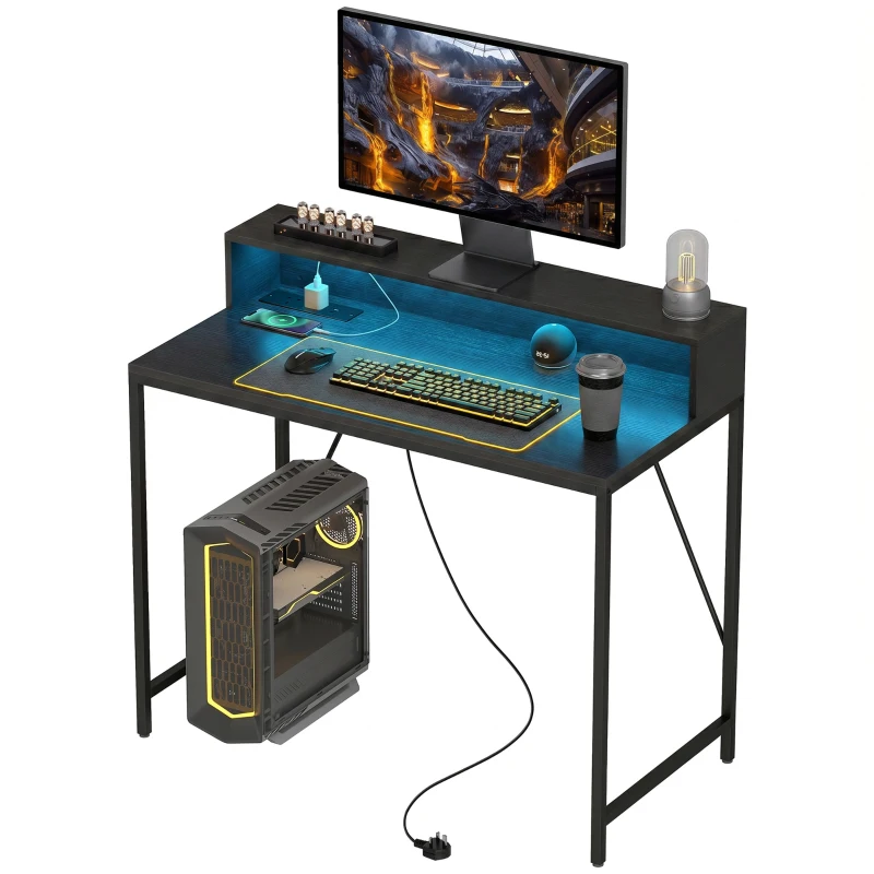 HOMCOM Gaming Desk, 100cm Computer Desk with LED Lights, Power Outlets, Monitor Stand and Remote, Black Wood-Effect