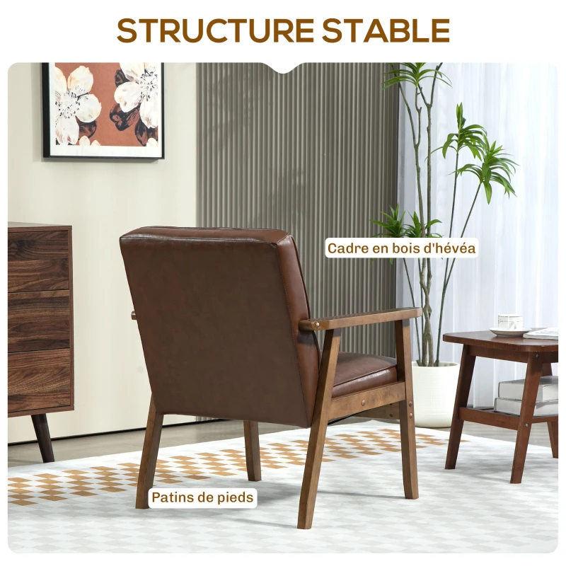 HOMCOM Fauteuil de salon, fauteuil de chambre en cuir synthétique, dossier capitonné, pieds en bois massif, 64x73x81cm, marron