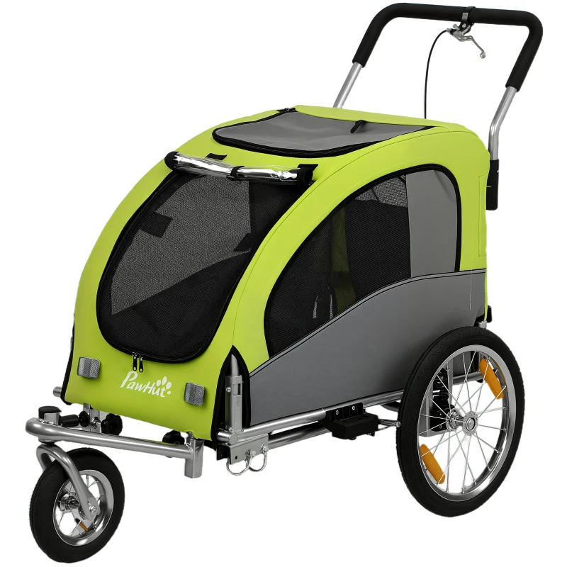 PawHut Remolque de Bicicleta Perros 2 en 1 Carrito Perros Medianos Plegable con Suspensión Neumáticos Grandes Ventanas Verde