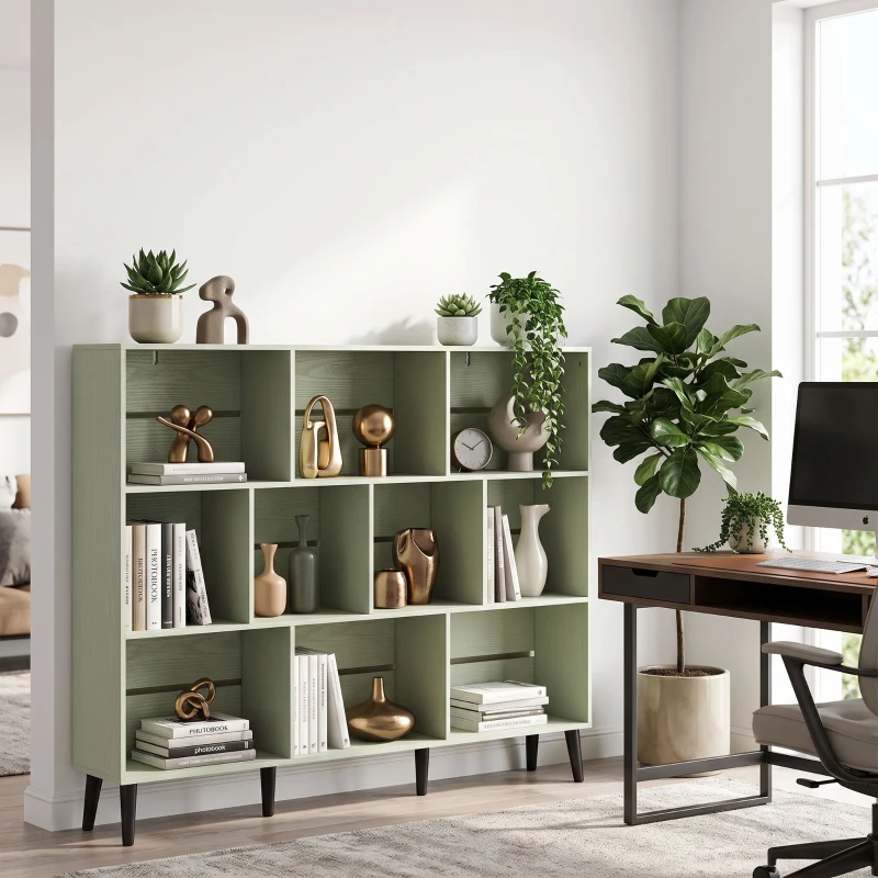HOMCOM 10-Cube Bookcase, 3-Tier Book Shelf with Solid Wood Legs, 140 cm Modern Bookshelf with Anti-Tip Kit, Light Green