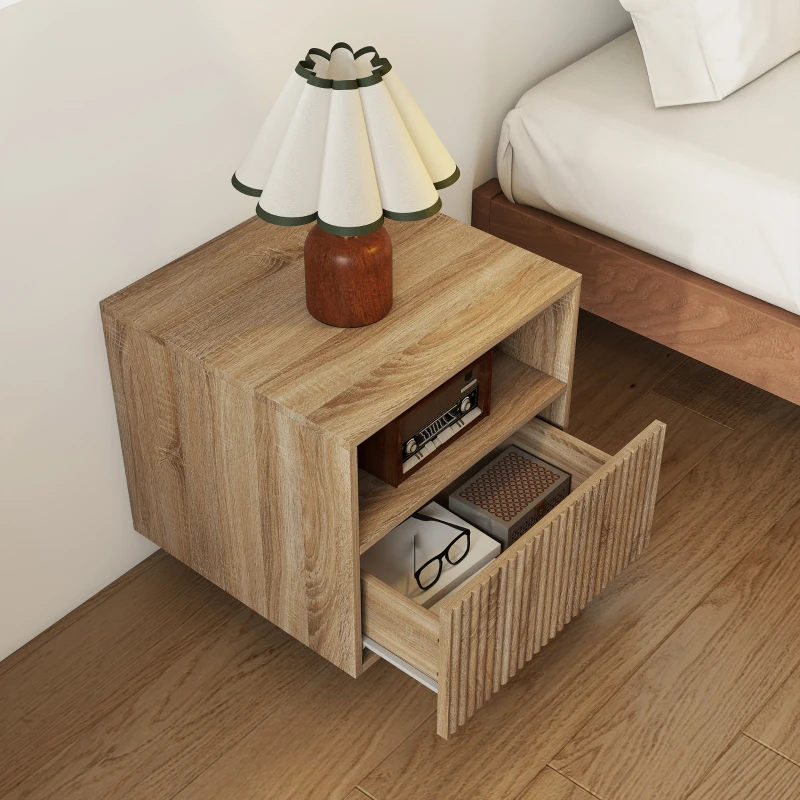 HOMCOM Nachttisch, griffloses Design, offenes Fach, Schublade, Wandmontage, Hellbraun