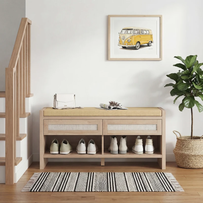HOMCOM Boho Shoe Bench with 2 Rattan Drawers, Shoe Storage Bench with Cushioned Seat and Open Shelf Oak Wood Effect