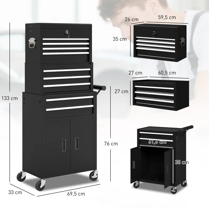 HOMCOM 3-in-1 Werkzeugkiste, Werkzeugschrank mit 4 Rädern, verschließbarer Werkzeugkasten mit 9 Schubladen, Stahl, Schwarz
