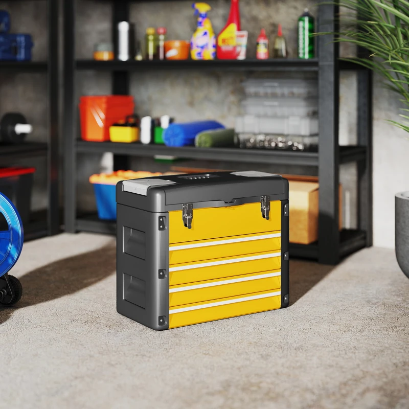 HOMCOM Werkzeugkiste leer, 49,7 x 25,3 x 40,7 cm Werkzeugkasten mit 4 Schubladen, Mini-Box Stahl Gelb