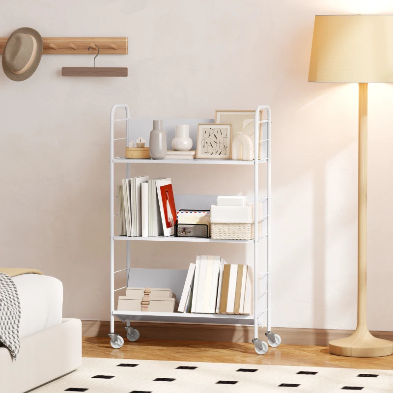 HOMCOM Bücherregal Aufbewahrungsregal mit 3 Ebenen, Rädern, Spielzeugregal für Schlafzimmer, 69 x 26 x 108 cm, Weiß