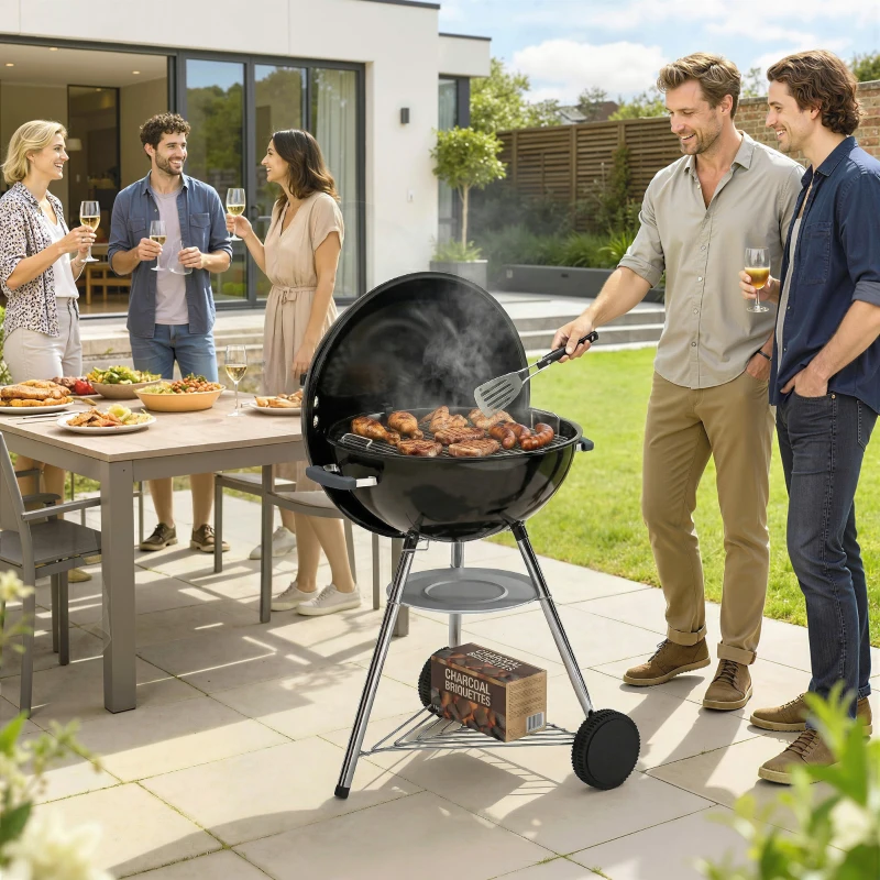 Outsunny Barbecue a Carbone Rotondo con Termometro e Ripiano Inferiore, in Metallo e Acciaio Inox, 73x65x105 cm, Nero
